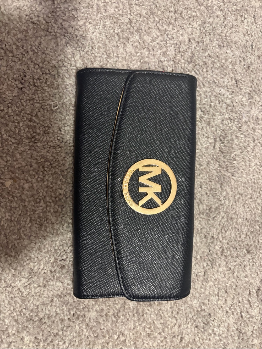 Michael Kors Black Leather Continental Wallet with Gold MK Logo